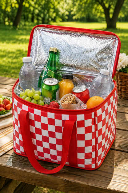 Kırmızı Ekoseli Termal 20 Litre Soğuk Tutucu Çanta Piknik Sepeti Kamp Plaj Çantası 34x20x20 cm