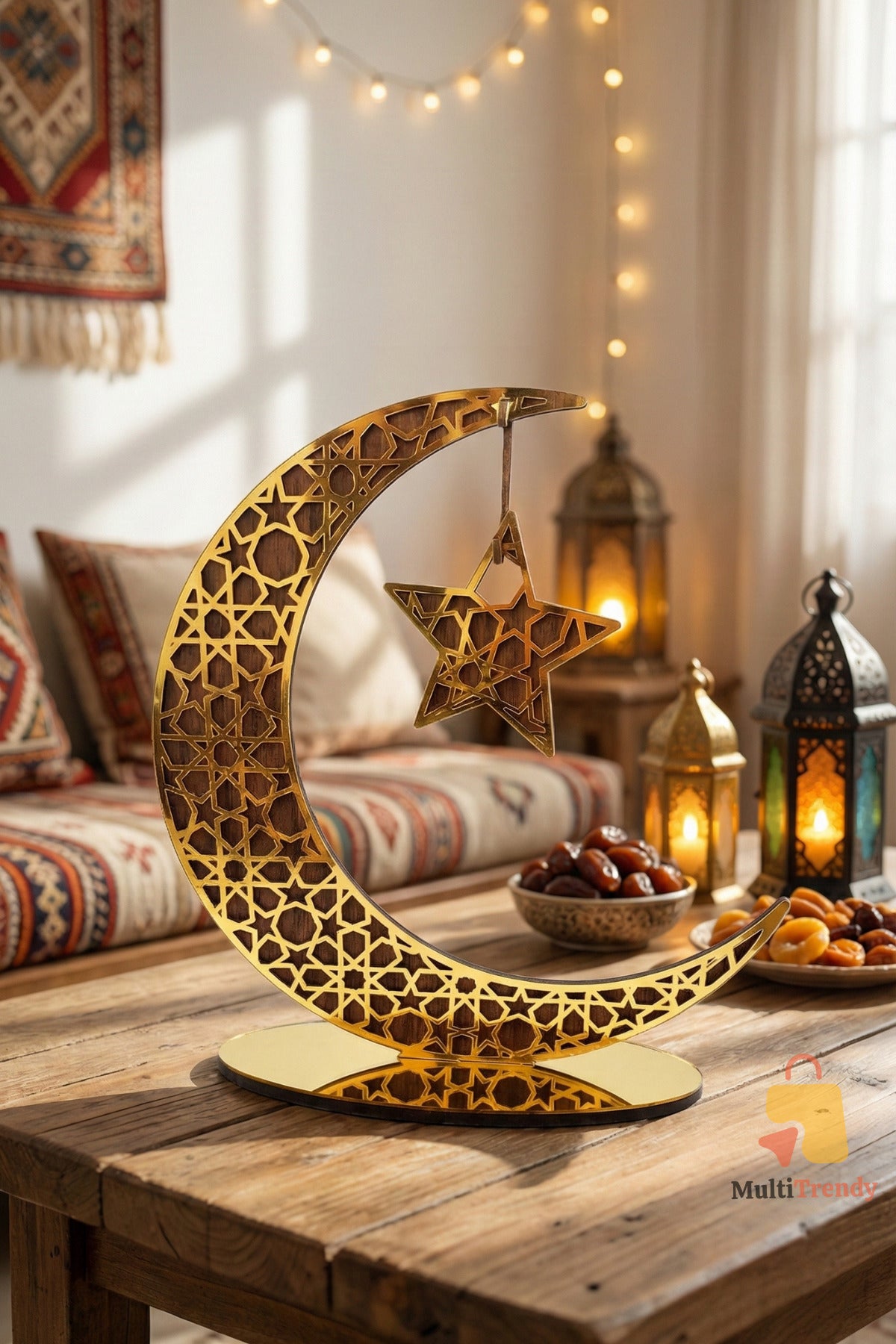 Ramazan Süsü Ahşap Altın Pleksi Ay Yıldız Masa Üstü Süsü | Dekoratif Hilal Masa Süsü