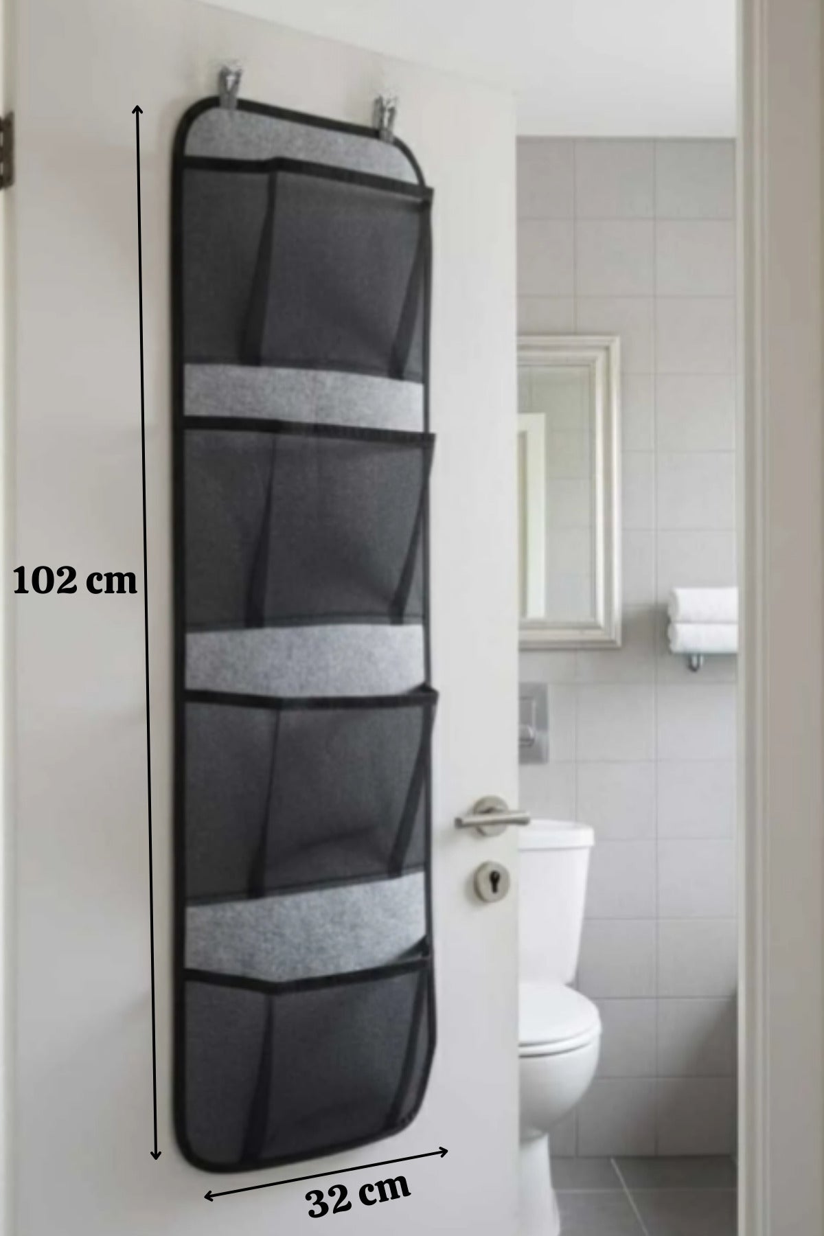 Gri Kapı Arkası Organizer Hurç 4 Cepli Asılabilir Dolap İçi Düzenleyici 32x102 cm