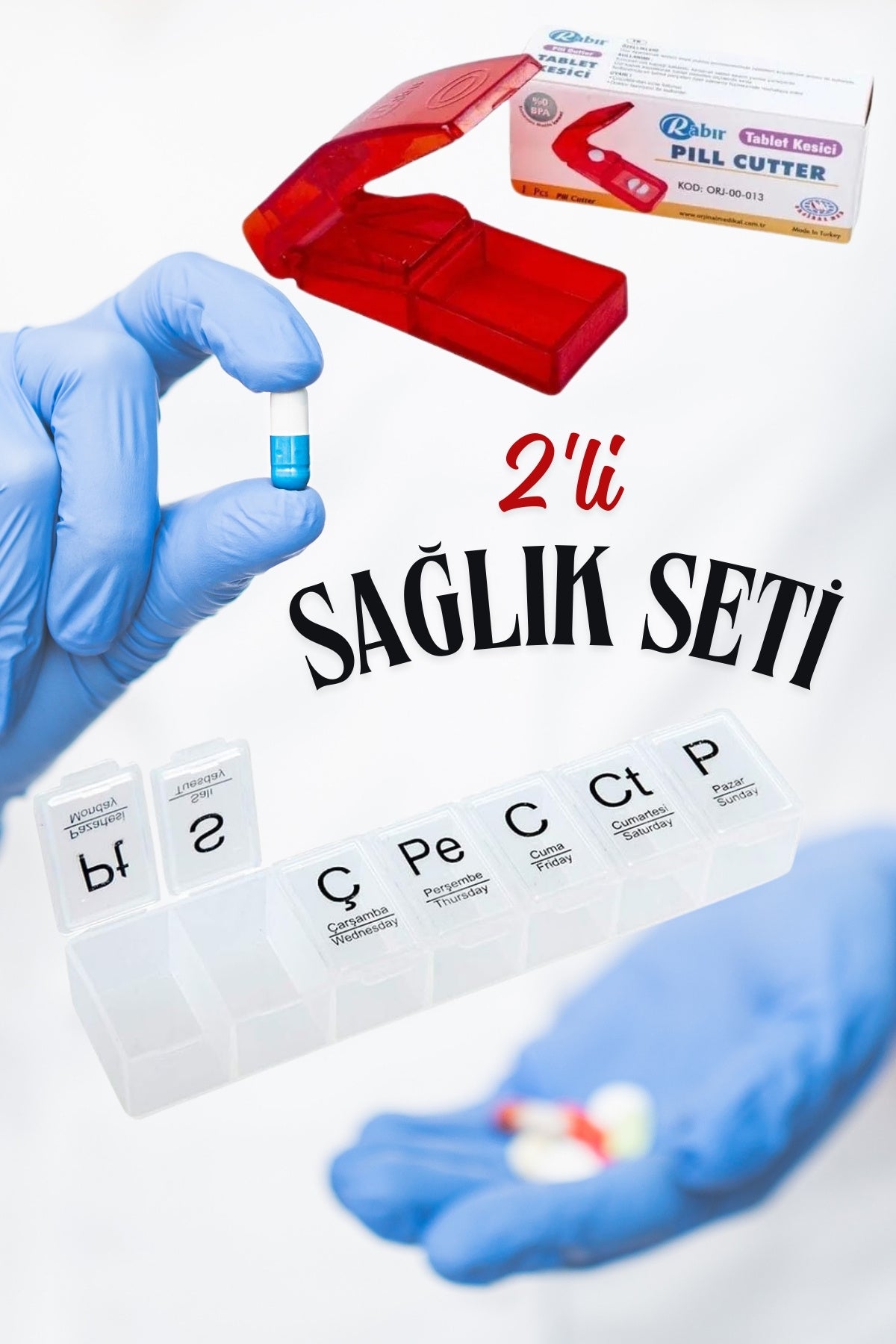 Haftalık 7 Bölmeli Hap İlaç Saklama Kutusu ve İlaç Hap Kesme Aparatı İlaç Kesici 2'li Set