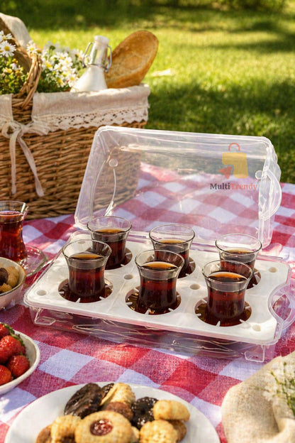 6'lı Çay Bardağı Taşıma Organizeri Kapaklı Piknik Bardak Taşıyıcı Kırılmaz Kutu