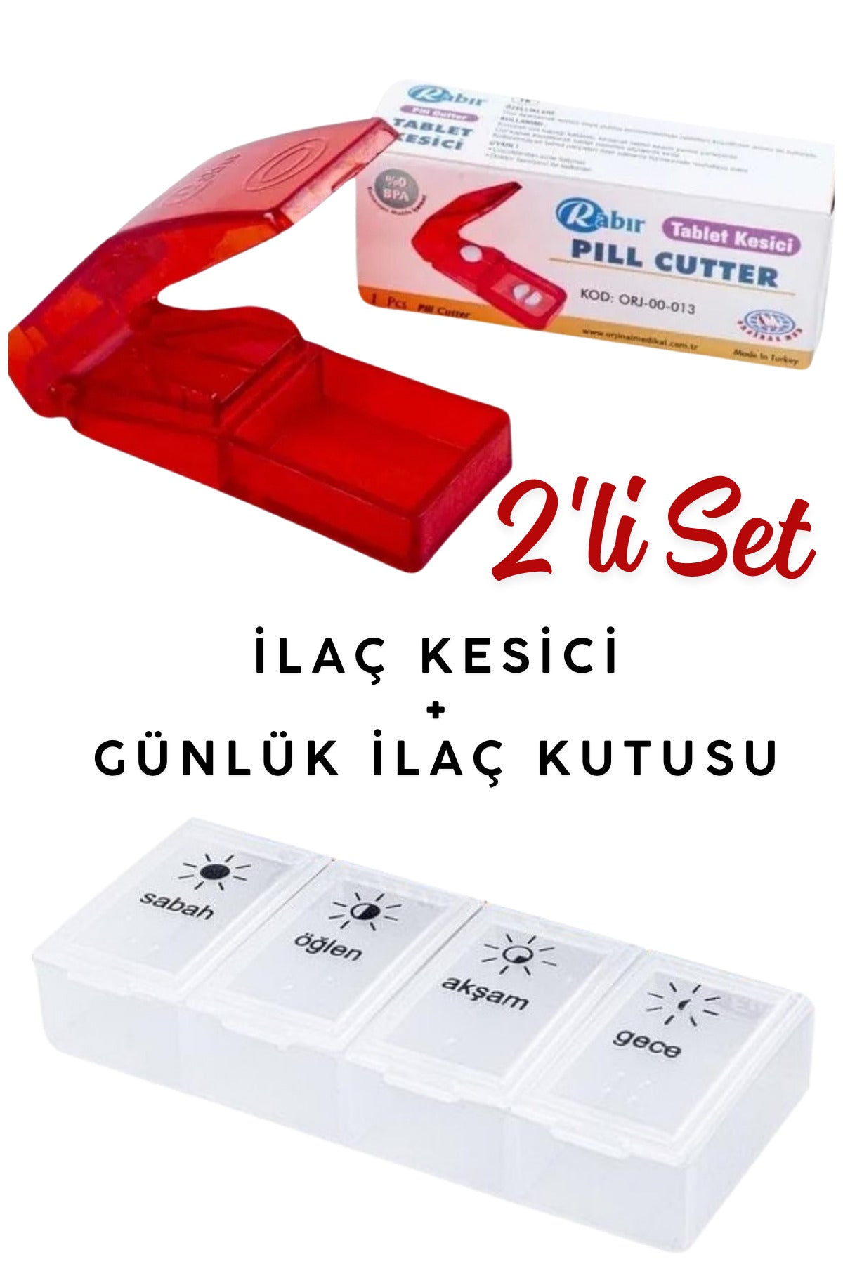 Günlük 4 Bölmeli Hap Kutusu ve İlaç Kesme Aparatı | 2’li Set Pratik İlaç Düzenleyici