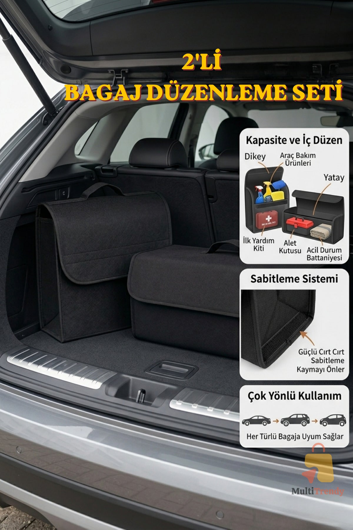 2’li Oto Bagaj Organizer Seti Keçe Cırtlı Araç İçi Bagaj Düzenleyici Çanta