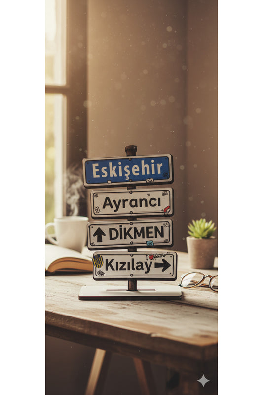 Ankara Yön Tabelası Dekor – Eskişehir, Ayrancı, Dikmen, Kızılay Yazılı Ahşap Masaüstü Biblo