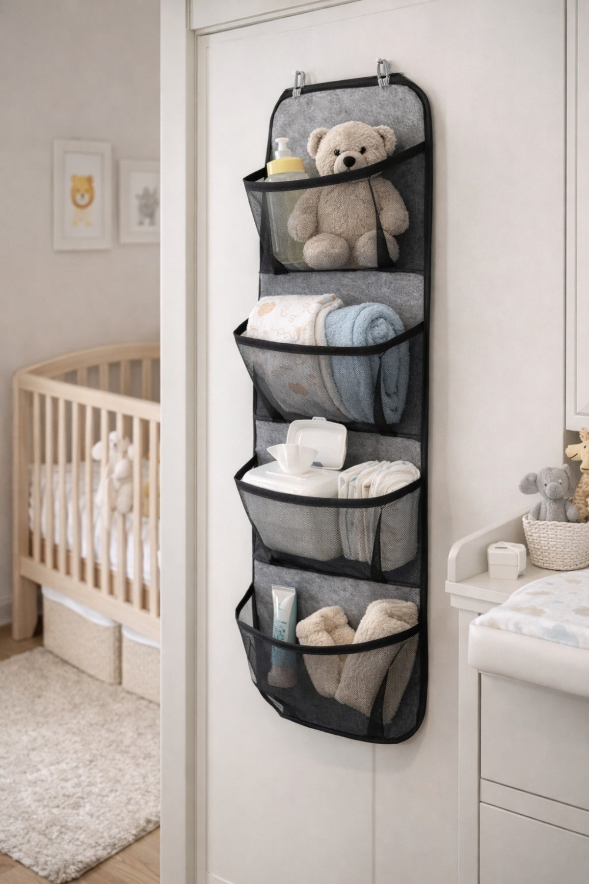 Gri Kapı Arkası Organizer Hurç 4 Cepli Asılabilir Dolap İçi Düzenleyici 32x102 cm