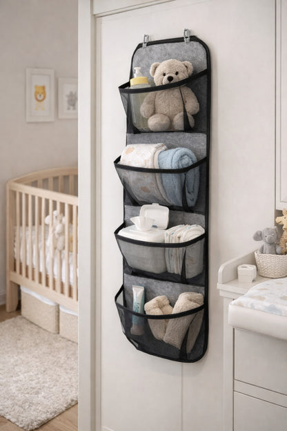 Gri Kapı Arkası Organizer Hurç 4 Cepli Asılabilir Dolap İçi Düzenleyici 32x102 cm