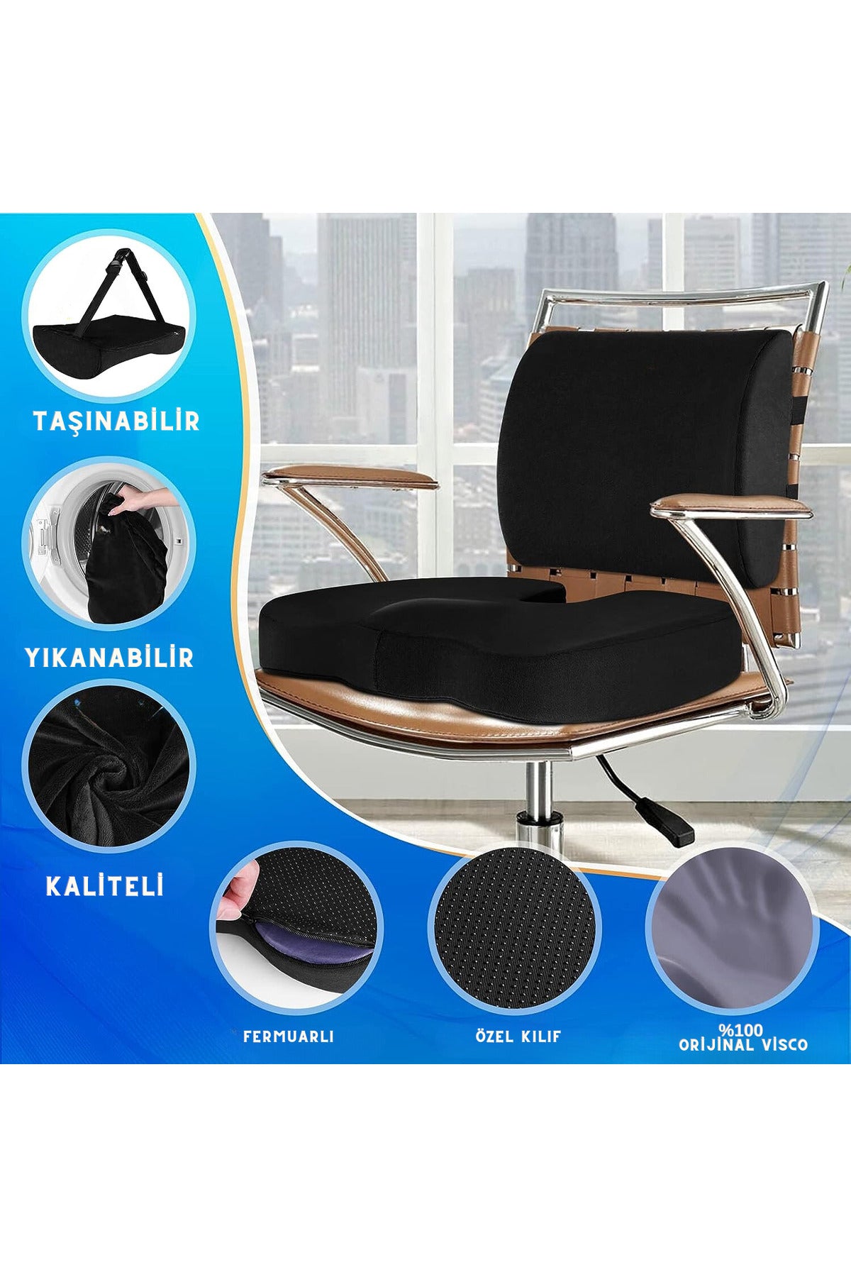 Visco Ortopedik Bel Destek Minderi Ve Cocix Oturma Minderi İkili Set Ofis Araç Sandalye
