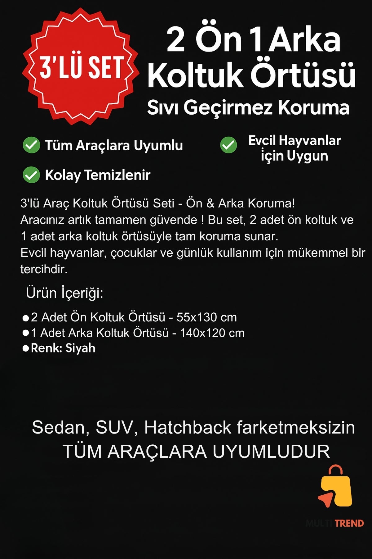 3’lü Oto Koltuk Örtüsü Seti | Araba Ön ve Arka Koltuk Koruyucu Kılıf | Kedi Köpek Çocuk Araç Örtüsü