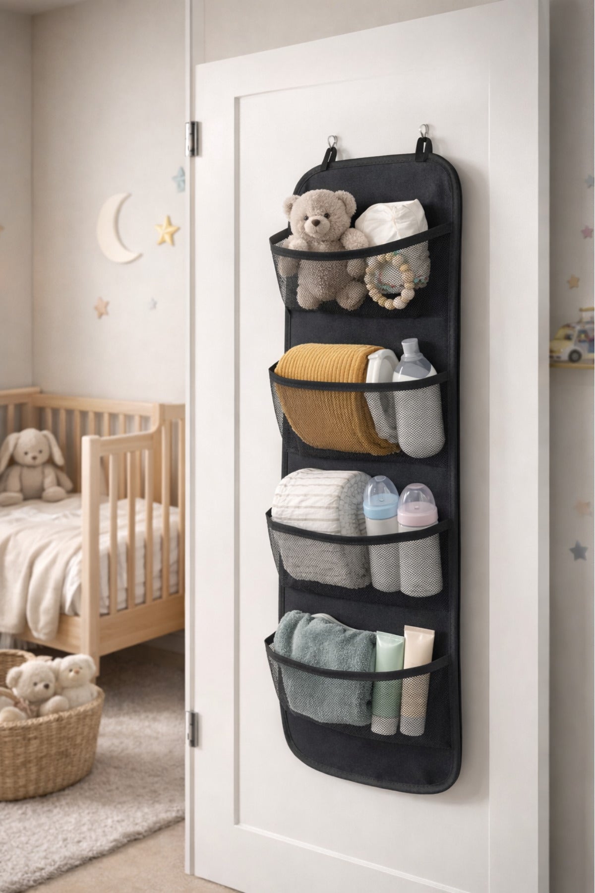 Siyah Kapı Arkası Organizer Hurç 4 Cepli Asılabilir Dolap İçi Düzenleyici 32x102 cm