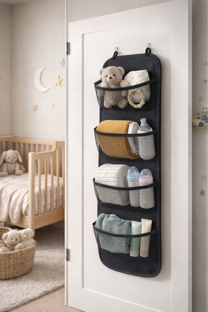Siyah Kapı Arkası Organizer Hurç 4 Cepli Asılabilir Dolap İçi Düzenleyici 32x102 cm