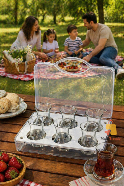 6'lı Çay Bardağı Taşıma Organizeri Kapaklı Piknik Bardak Taşıyıcı Kırılmaz Kutu