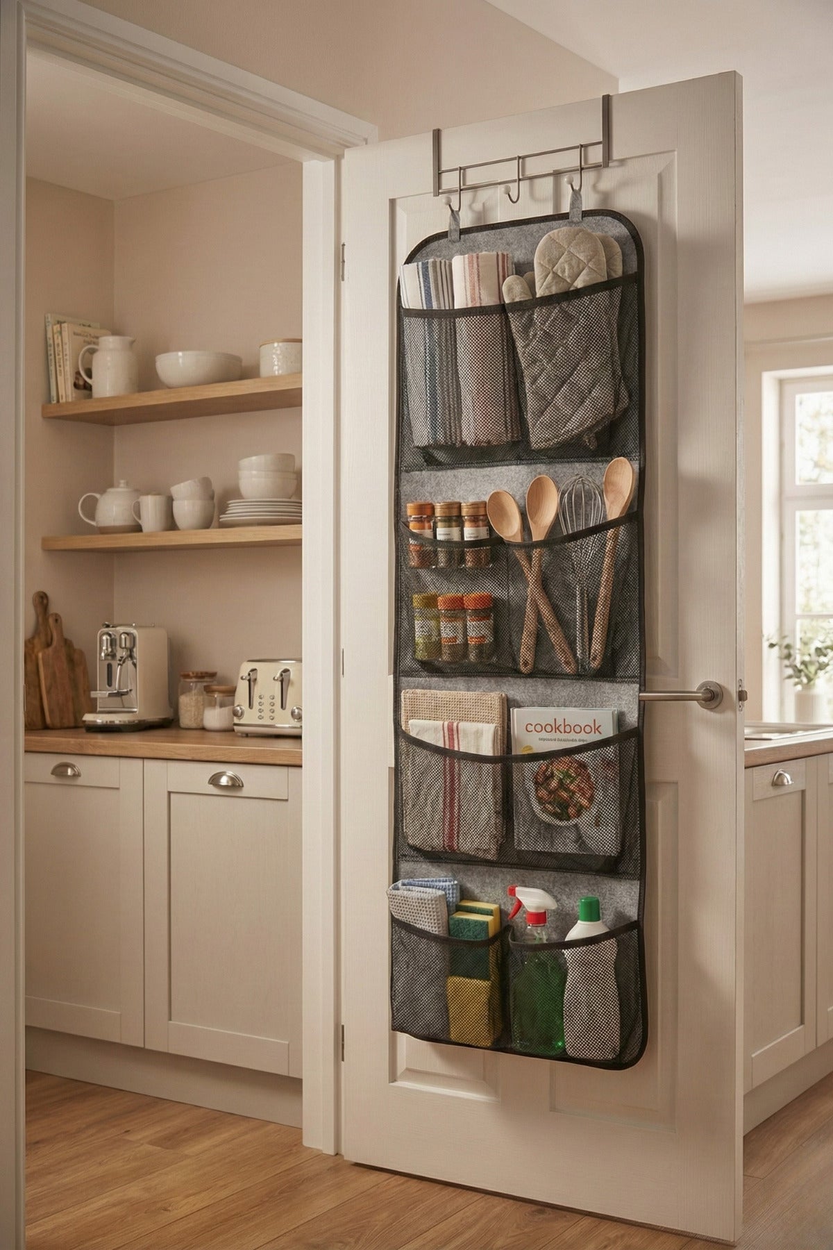 Gri Kapı Arkası Organizer Hurç 4 Cepli Asılabilir Dolap İçi Düzenleyici 32x102 cm