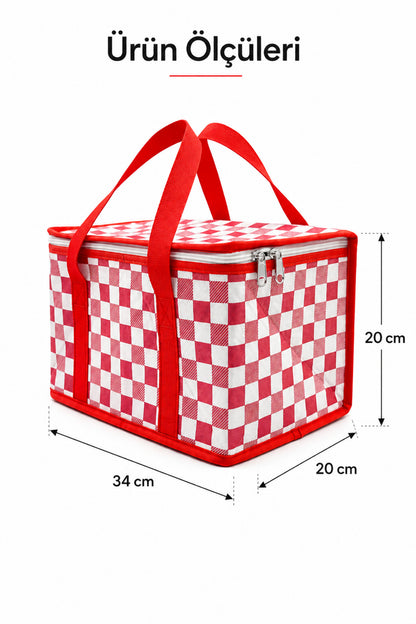 Kırmızı Ekoseli Termal 20 Litre Soğuk Tutucu Çanta Piknik Sepeti Kamp Plaj Çantası 34x20x20 cm