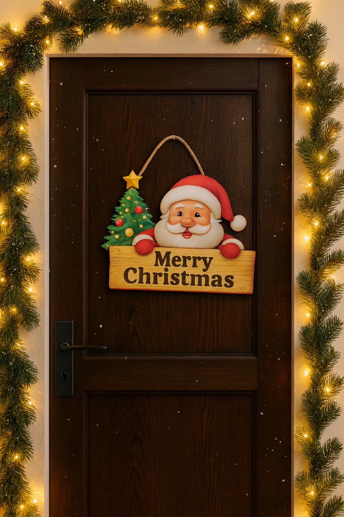Ahşap Yılbaşı Kapı Süsü Merry Christmas – Canlı Renkli Dekor 25.5x19.5 cm