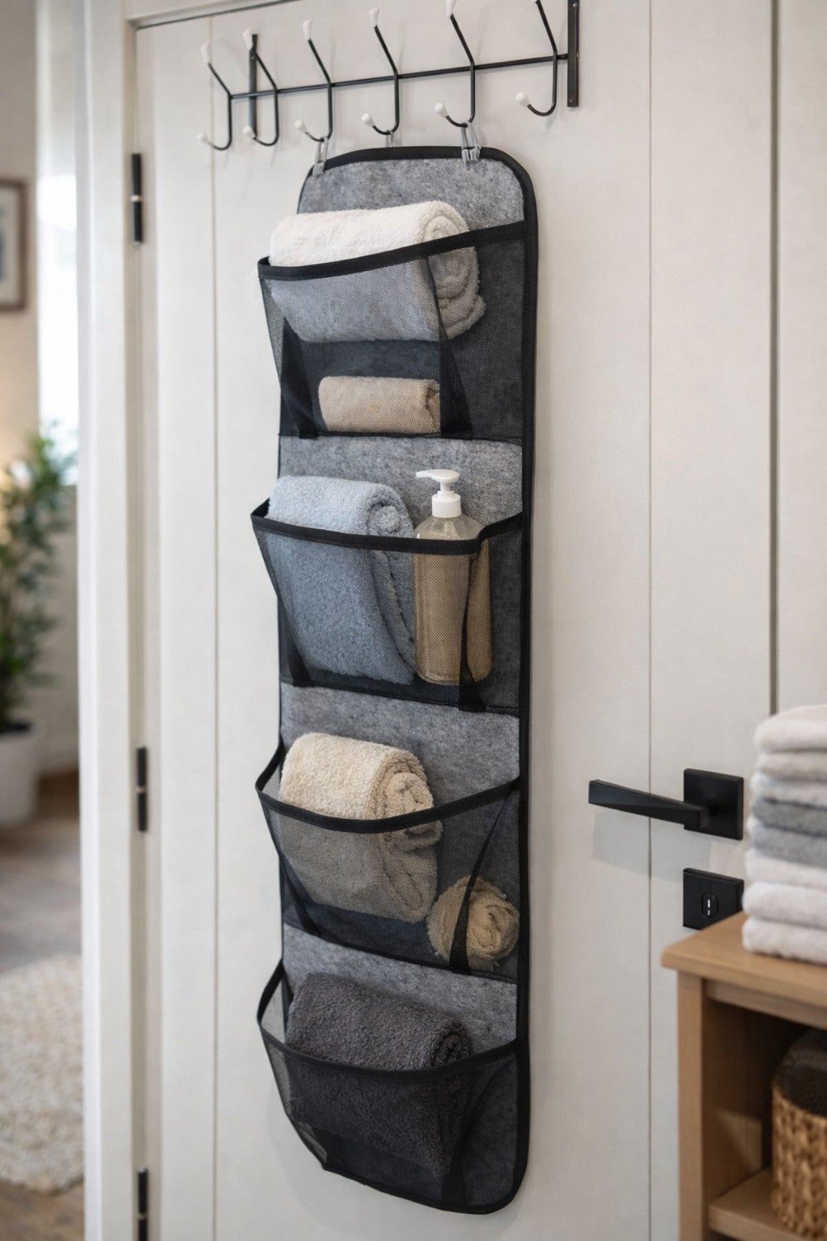 Gri Kapı Arkası Organizer Hurç 4 Cepli Asılabilir Dolap İçi Düzenleyici 32x102 cm