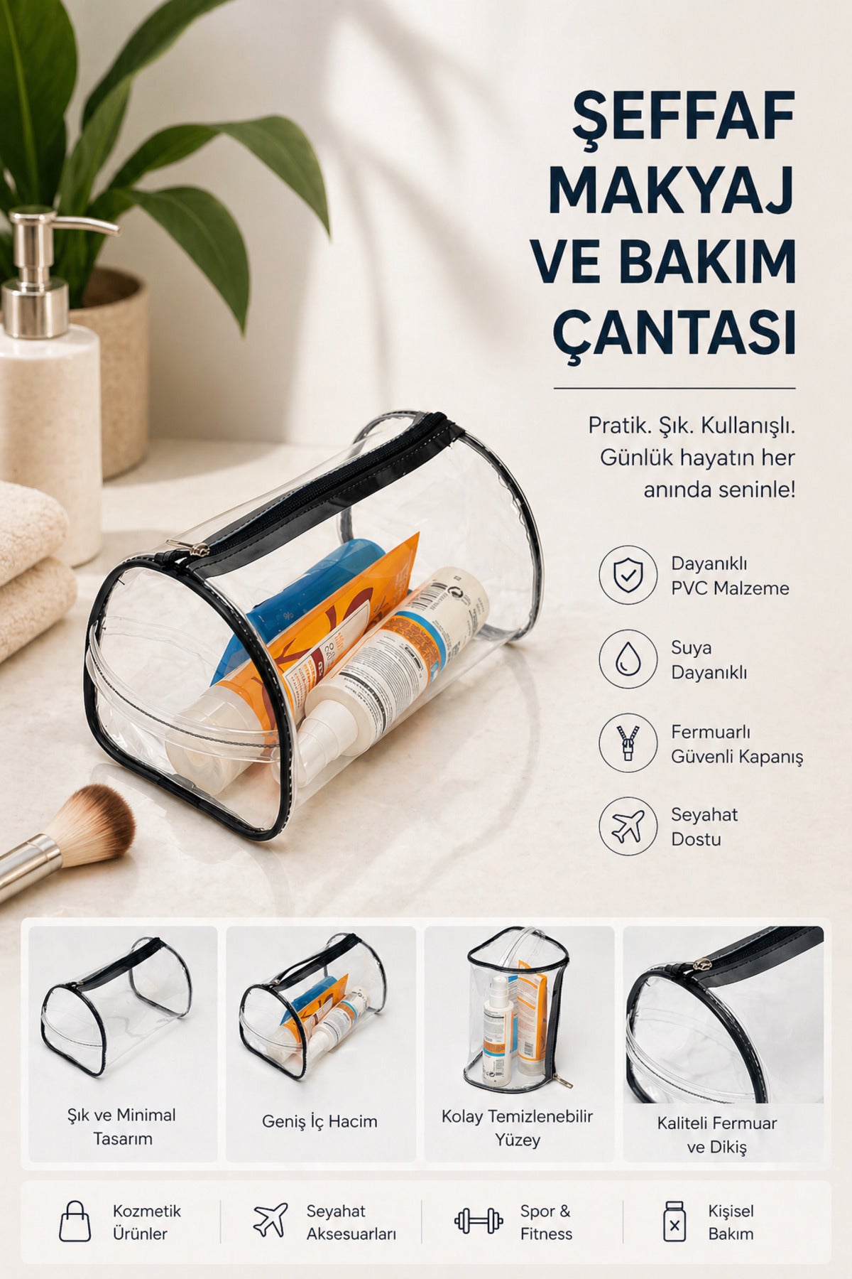 Şeffaf Makyaj Çantası Su Geçirmez Kozmetik Çantası El Tutmalı Büyük Boy Seyahat Plaj Havuz Organizer