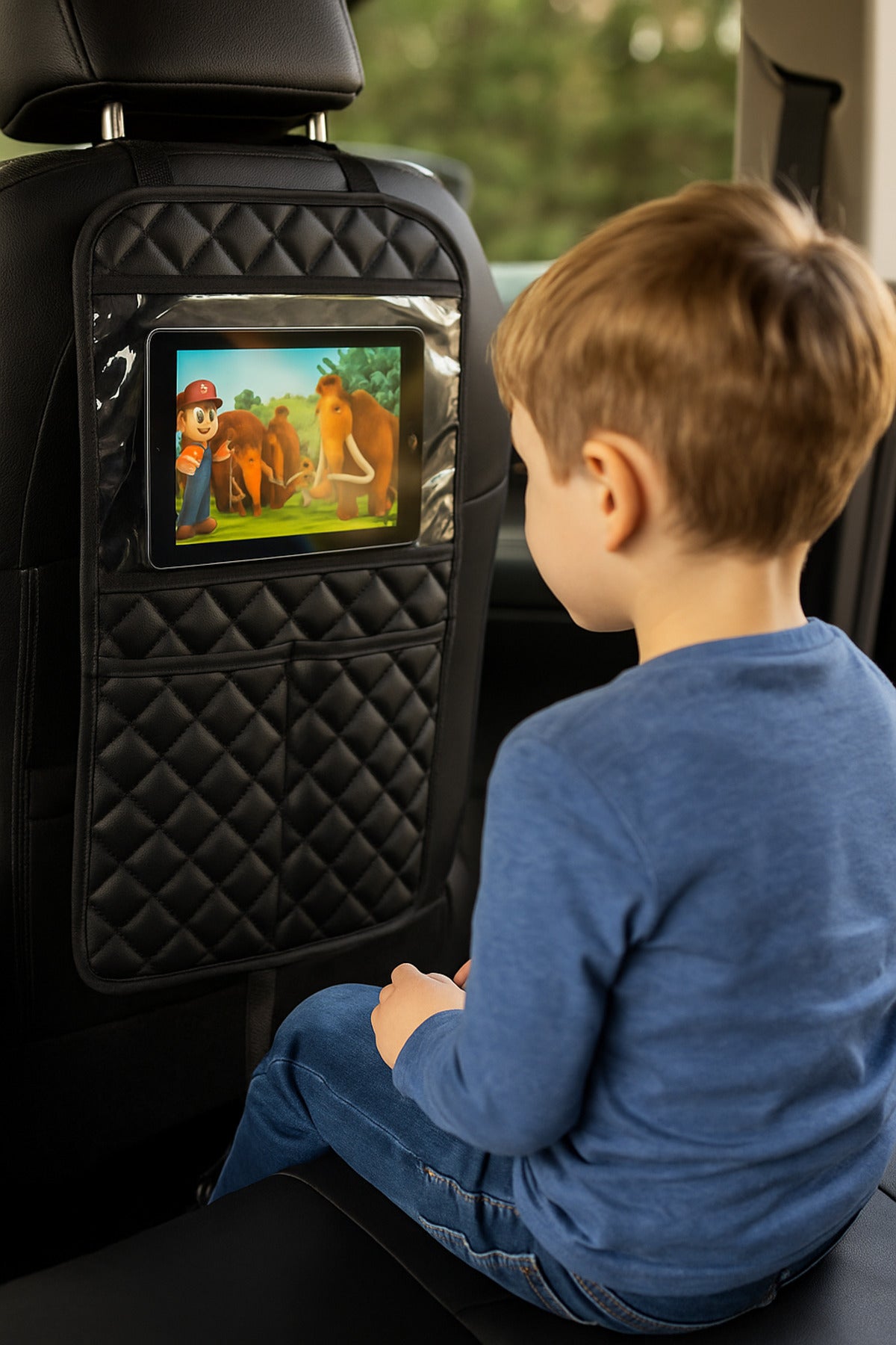 Siyah Deri Araba Koltuk Arkası Tablet Tutucu Organizer | 28x18 cm Tüm Tablet Modellerine Uyumlu