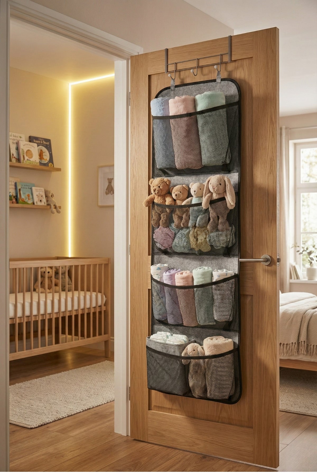 Gri Kapı Arkası Organizer Hurç 4 Cepli Asılabilir Dolap İçi Düzenleyici 32x102 cm