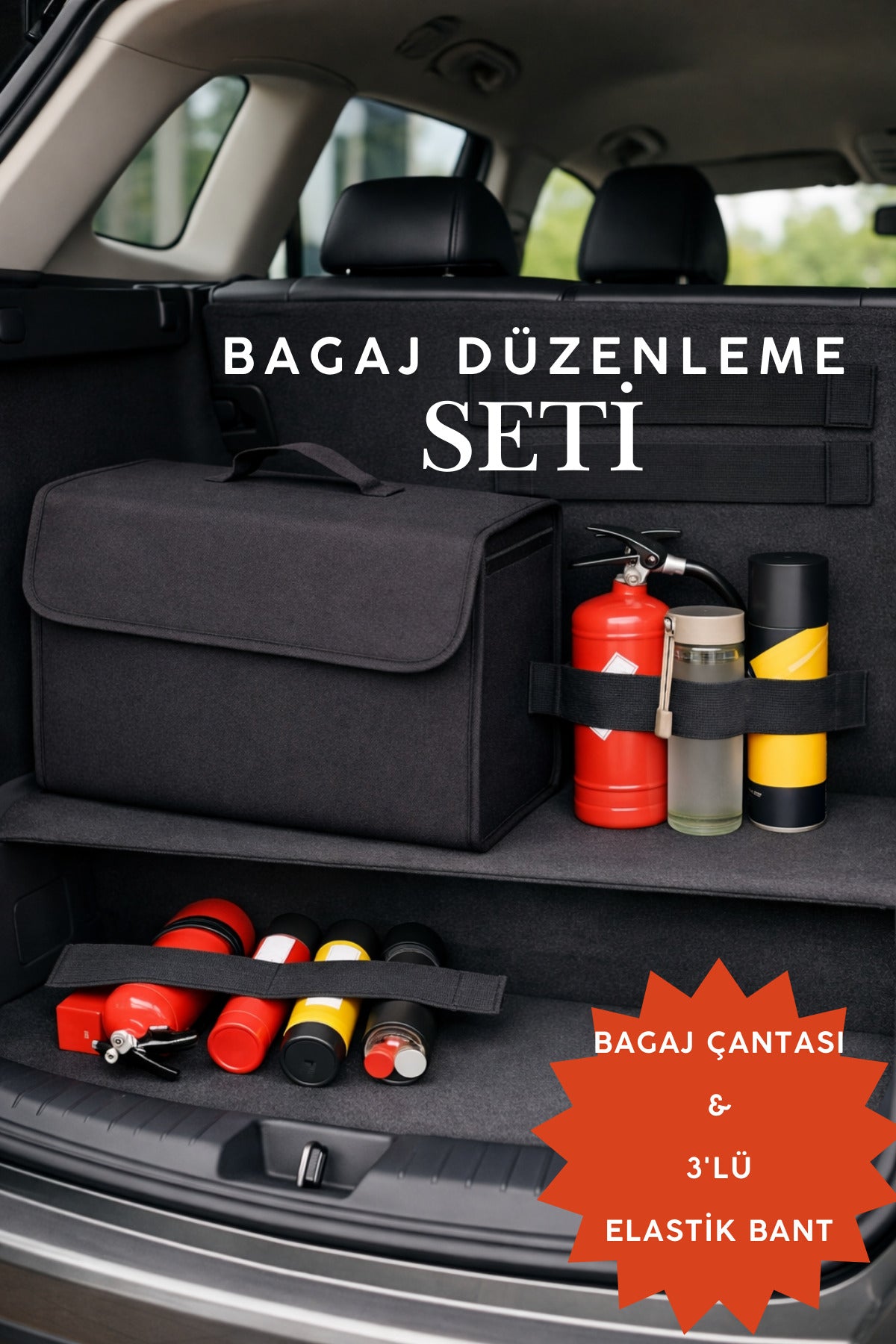 Araba Bagaj Çantası Siyah Oto Bagaj Düzenleyici ve 3'lü Elastik Bant Bagaj Toplayıcı Set