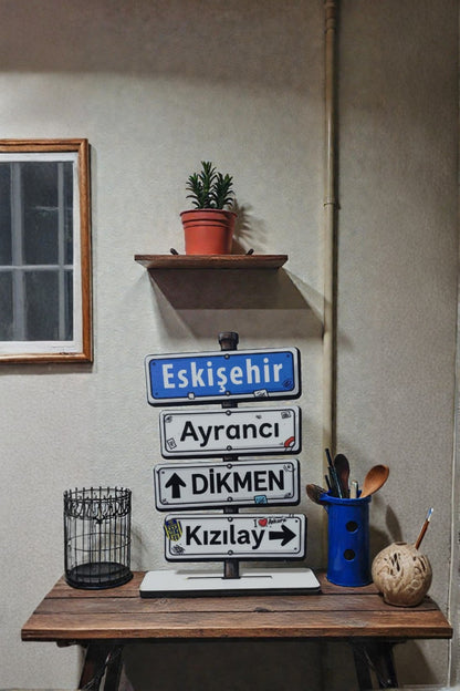 Ankara Yön Tabelası Dekor – Eskişehir, Ayrancı, Dikmen, Kızılay Yazılı Ahşap Masaüstü Biblo
