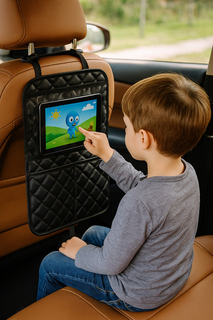 Siyah Deri Araba Koltuk Arkası Tablet Tutucu Organizer | 28x18 cm Tüm Tablet Modellerine Uyumlu