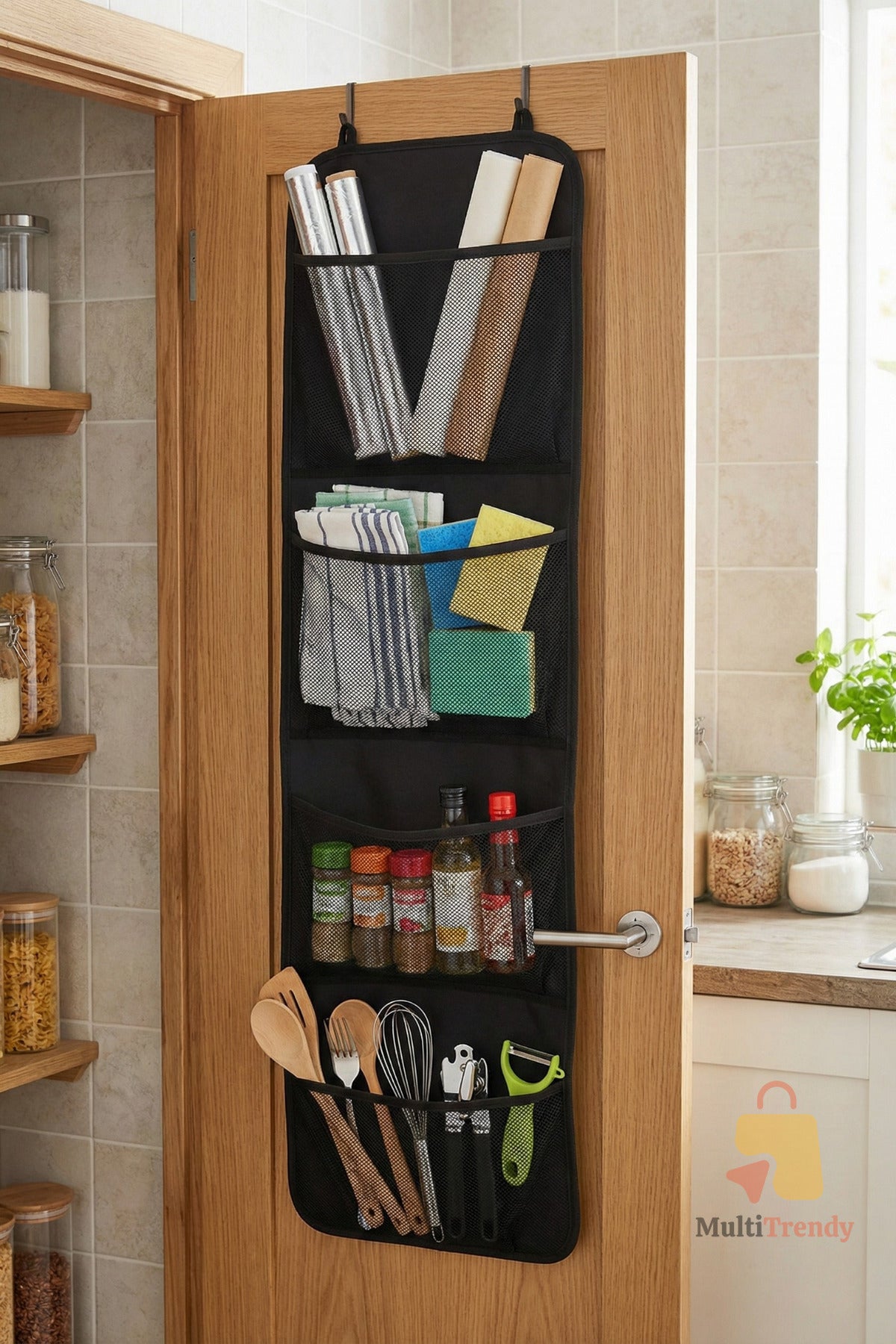 Siyah Kapı Arkası Organizer Hurç 4 Cepli Asılabilir Dolap İçi Düzenleyici 32x102 cm