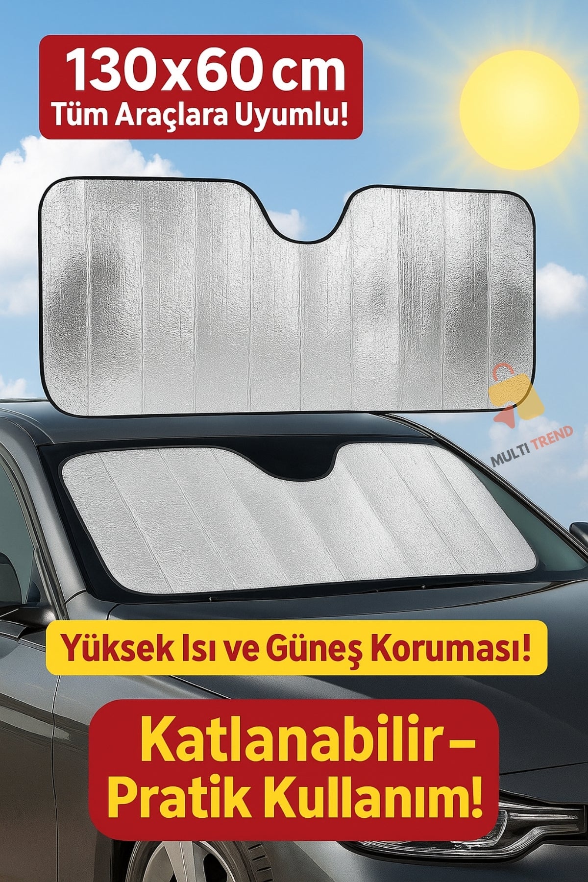 Araba Ön Cam Güneşlik Oto Araç Ön Cam Gölgelik Güneş Koruyucu Isı Yansıtıcı Katlanabilir 130x60 Cm