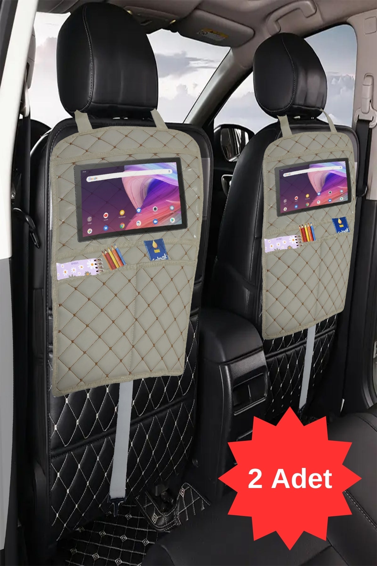 2 Adet Bej Deri Kapitone Araba Koltuk Arkası Organizeri Tablet Tutucu Organizer Ipad Tablet Tutucu