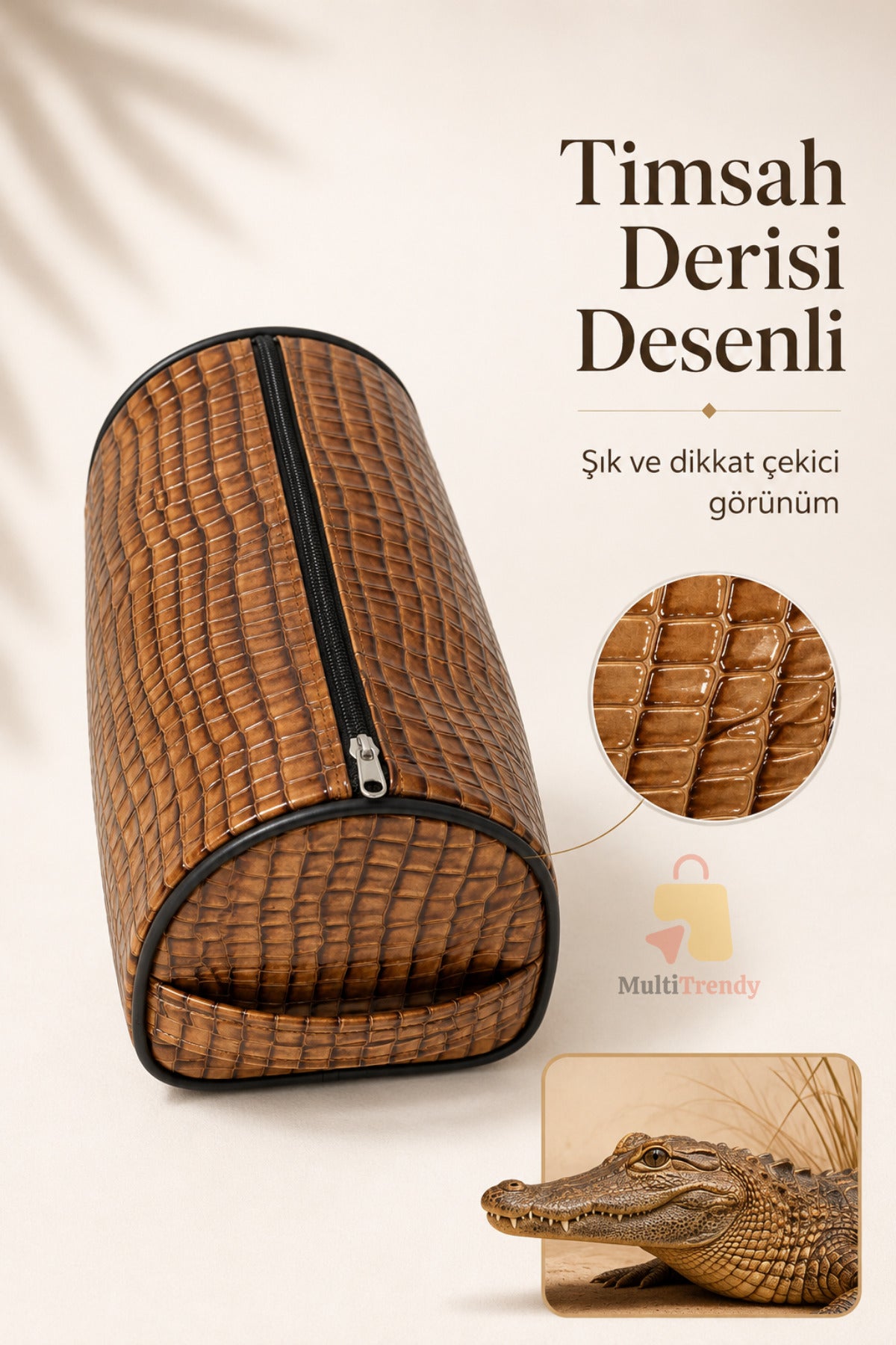 Timsah Desenli Makyaj Çantası Fermuarlı Seyahat Kozmetik Organizer El Çantası