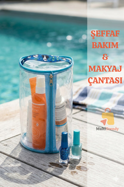 Şeffaf Makyaj Çantası Su Geçirmez Kozmetik Çantası El Tutmalı Büyük Boy Seyahat Plaj Havuz Organizer