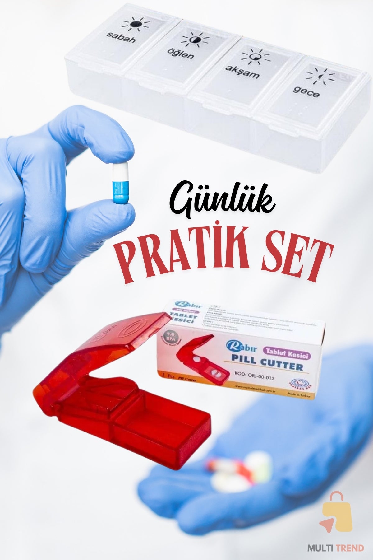 Günlük 4 Bölmeli Hap Saklama Kutusu ve İlaç Kesme Aparatı – 2’li Set