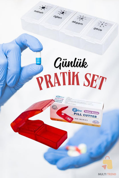 Günlük 4 Bölmeli Hap Saklama Kutusu ve İlaç Kesme Aparatı – 2’li Set