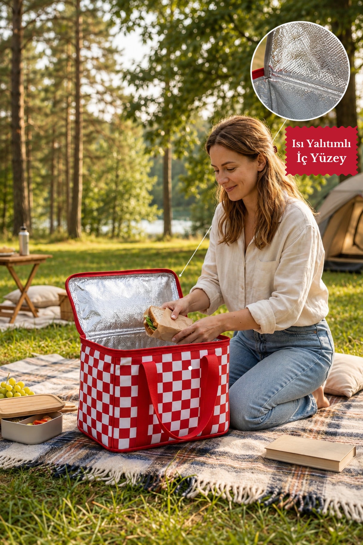 Kırmızı Ekoseli Termal 20 Litre Soğuk Tutucu Çanta Piknik Sepeti Kamp Plaj Çantası 34x20x20 cm