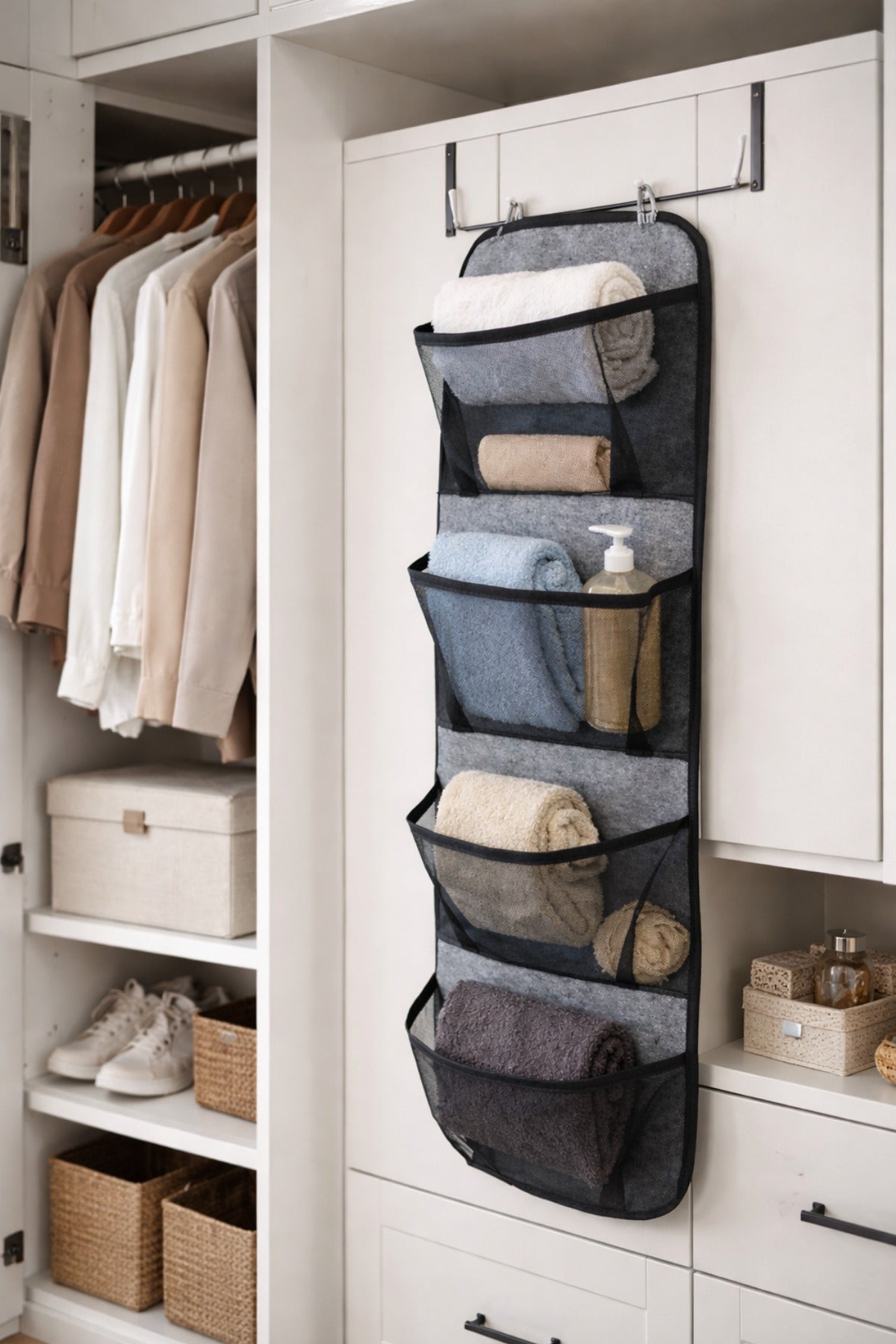 Gri Kapı Arkası Organizer Hurç 4 Cepli Asılabilir Dolap İçi Düzenleyici 32x102 cm