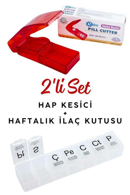 Haftalık 7 Bölmeli Hap Kutusu ve İlaç Kesme Aparatı | 2’li Set Pratik İlaç Düzenleyici