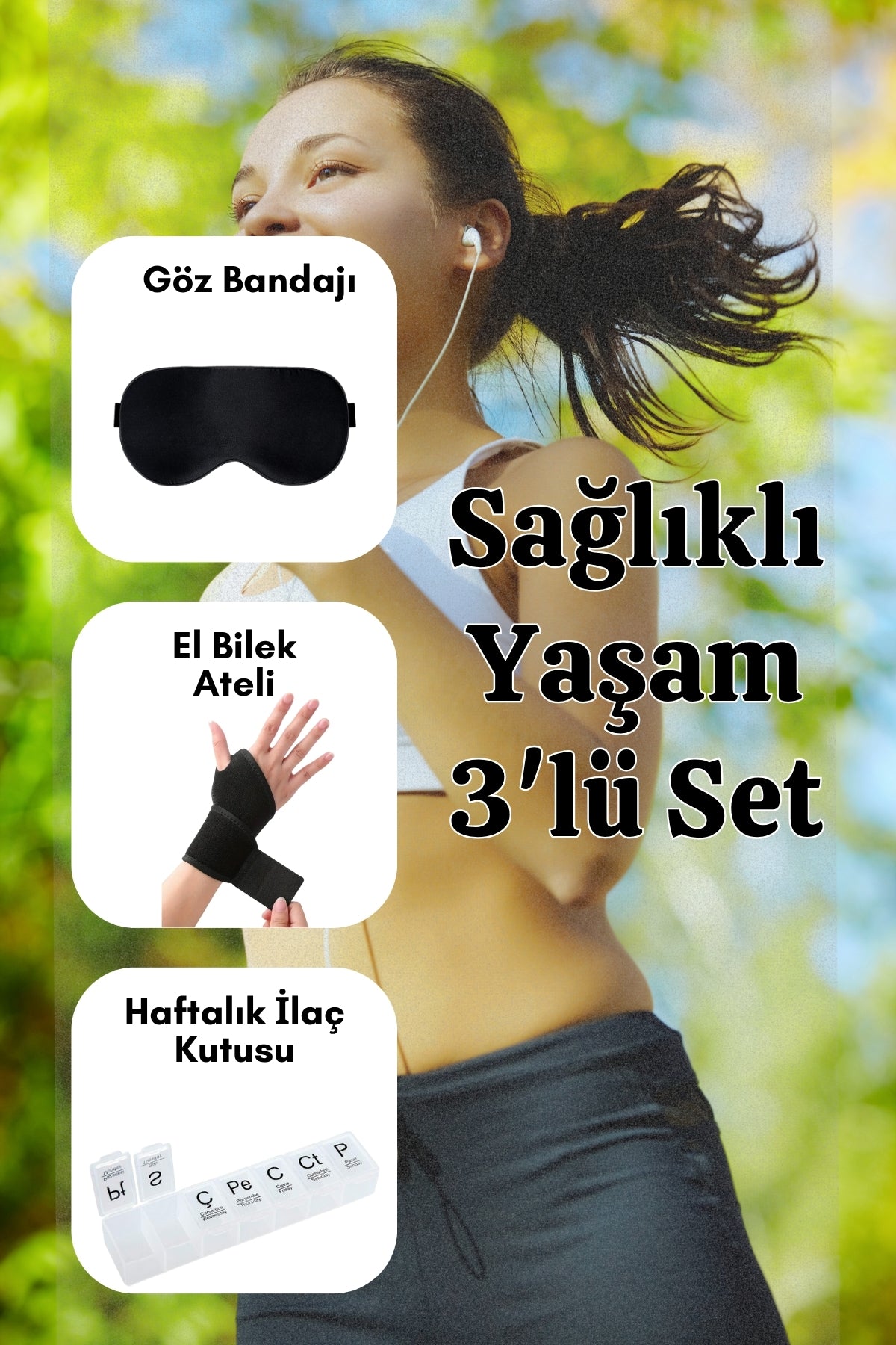 Günlük Sağlık Takip Seti – El Bilek Ateli Göz Bandı 7 Günlük Haftalık İlaç Kutusu 3'lü Medikal Seti