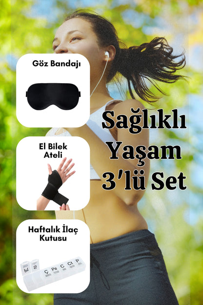 Günlük Sağlık Takip Seti – El Bilek Ateli Göz Bandı 7 Günlük Haftalık İlaç Kutusu 3'lü Medikal Seti