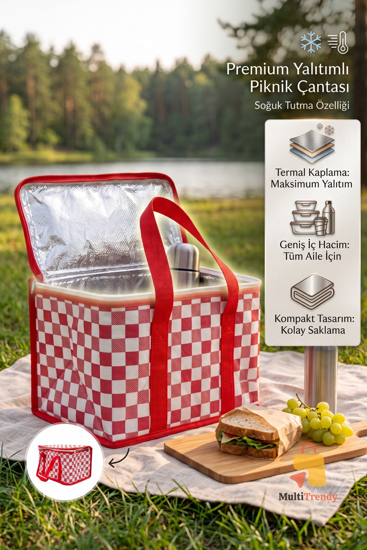 Kırmızı Ekoseli Termal 20 Litre Soğuk Tutucu Çanta Piknik Sepeti Kamp Plaj Çantası 34x20x20 cm