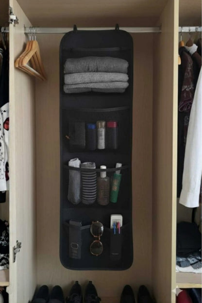 Siyah Kapı Arkası Organizer Hurç 4 Cepli Asılabilir Dolap İçi Düzenleyici 32x102 cm