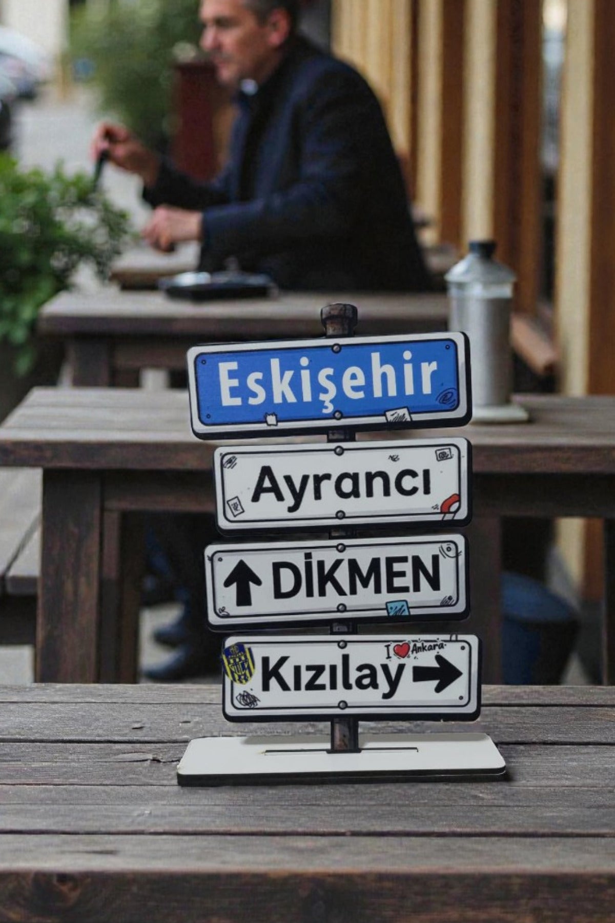 Ankara Yön Tabelası Dekor – Eskişehir, Ayrancı, Dikmen, Kızılay Yazılı Ahşap Masaüstü Biblo