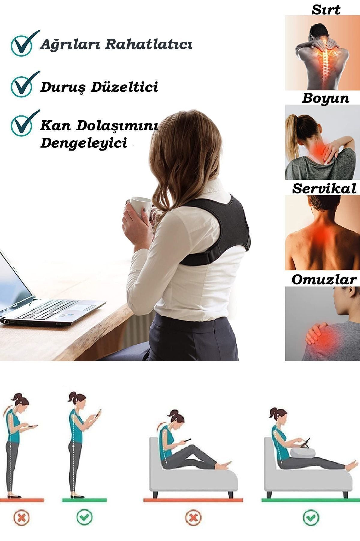 Dik Duruş Korsesi Sırt Korsesi Kadın Erkek Kamburluk Önleyici Ayarlanabilir Korse