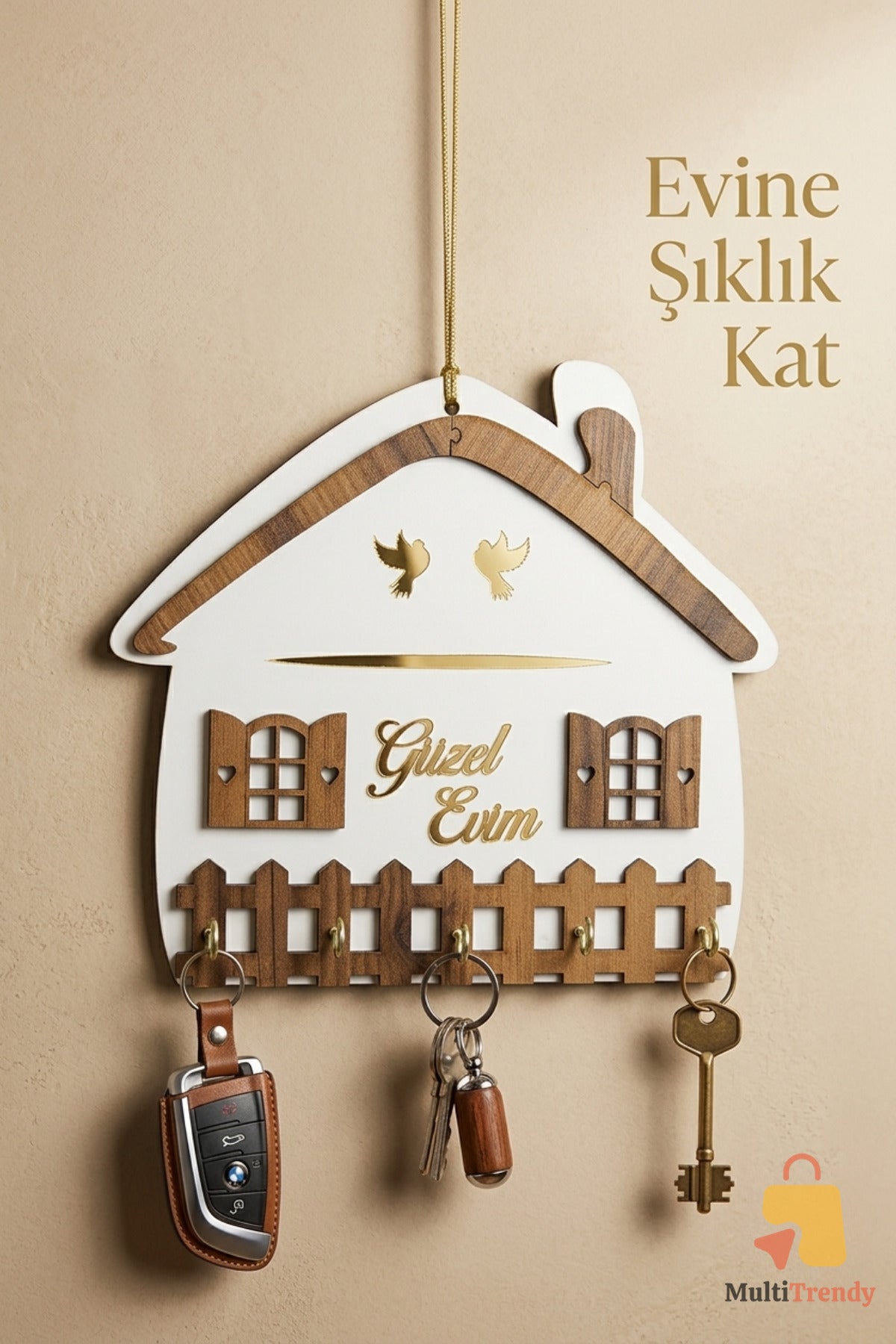 Güzel Evim Yazılı Kapı Süsü Anahtarlık 5 Kancalı Dekoratif Duvar Askısı