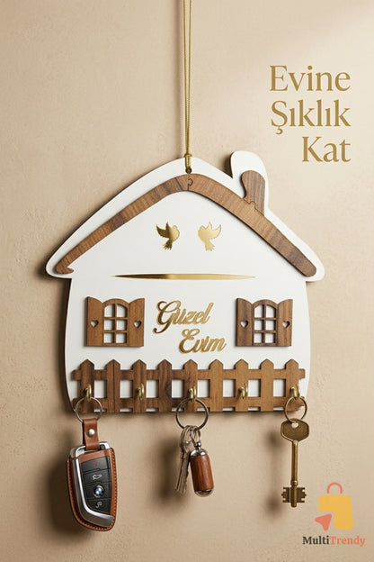 Güzel Evim Yazılı Kapı Süsü Anahtarlık 5 Kancalı Dekoratif Duvar Askısı