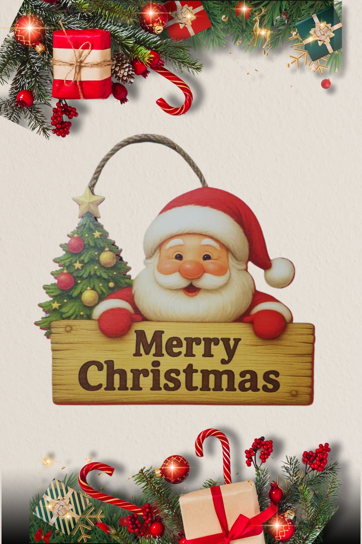 Noel Baba Temalı Ahşap Merry Christmas Kapı Süsü – Yılbaşı Dekoru Yeni Yıl Hediyesi