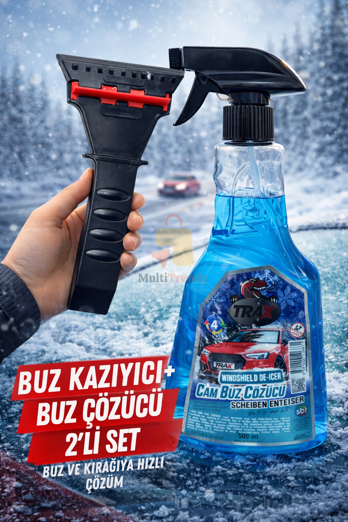Araç Buz Kazıyıcı + Cam Buz Çözücü Sprey Seti 2’li Set Kış Ön Cam Kar Buz Temizleyici