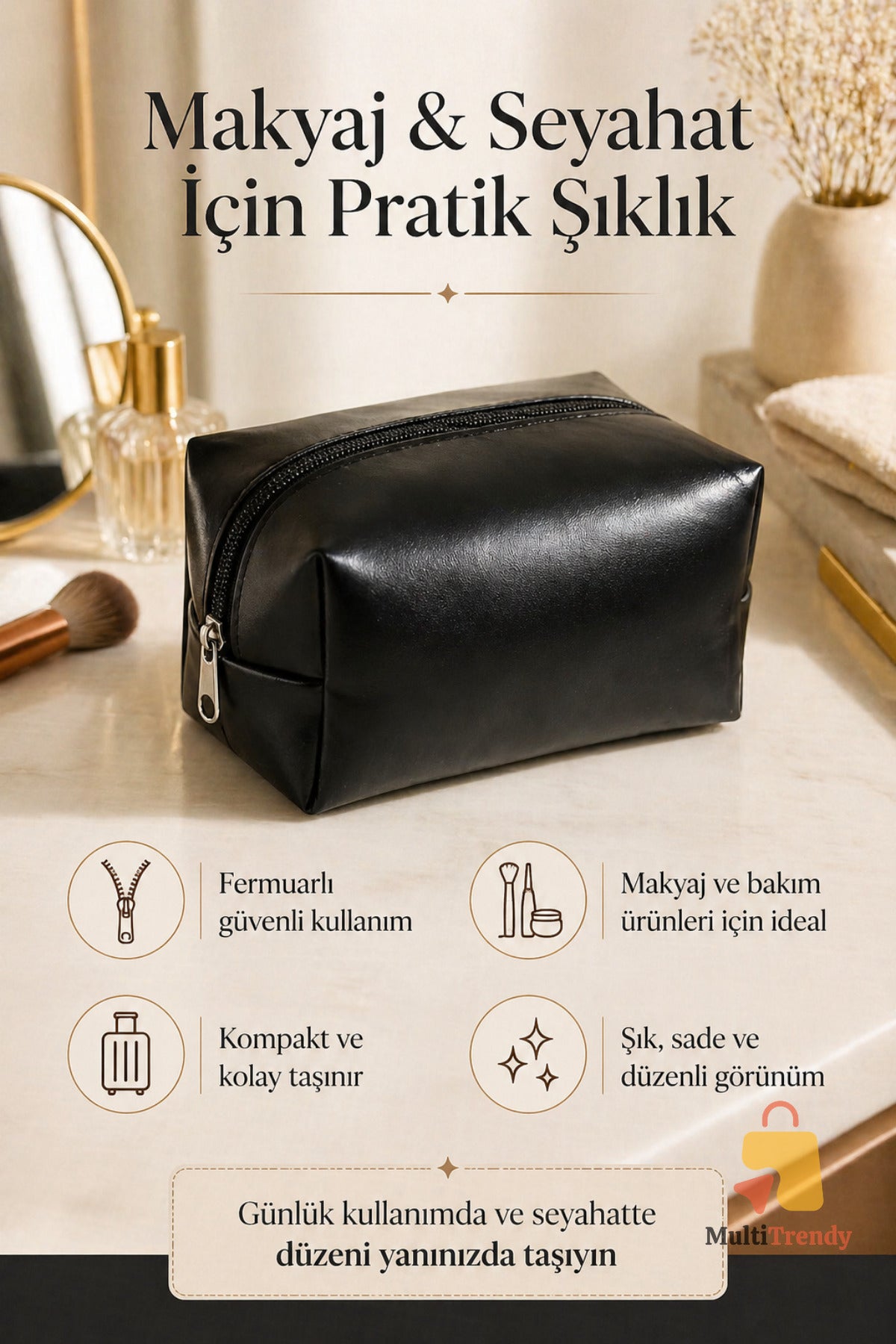 Siyah Makyaj Çantası Seyahat Tipi Fermuarlı Bakım Organizer Çanta Kadın El Çantası
