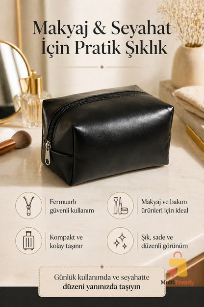 Siyah Makyaj Çantası Seyahat Tipi Fermuarlı Bakım Organizer Çanta Kadın El Çantası