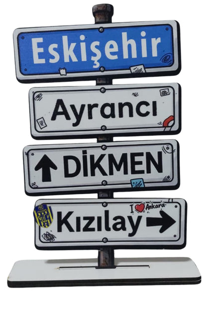 Ankara Yön Tabelası Dekor – Eskişehir, Ayrancı, Dikmen, Kızılay Yazılı Ahşap Masaüstü Biblo