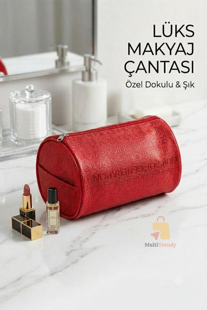 Kırmızı Makyaj Çantası Fermuarlı Seyahat Kozmetik Organizer El Çantası