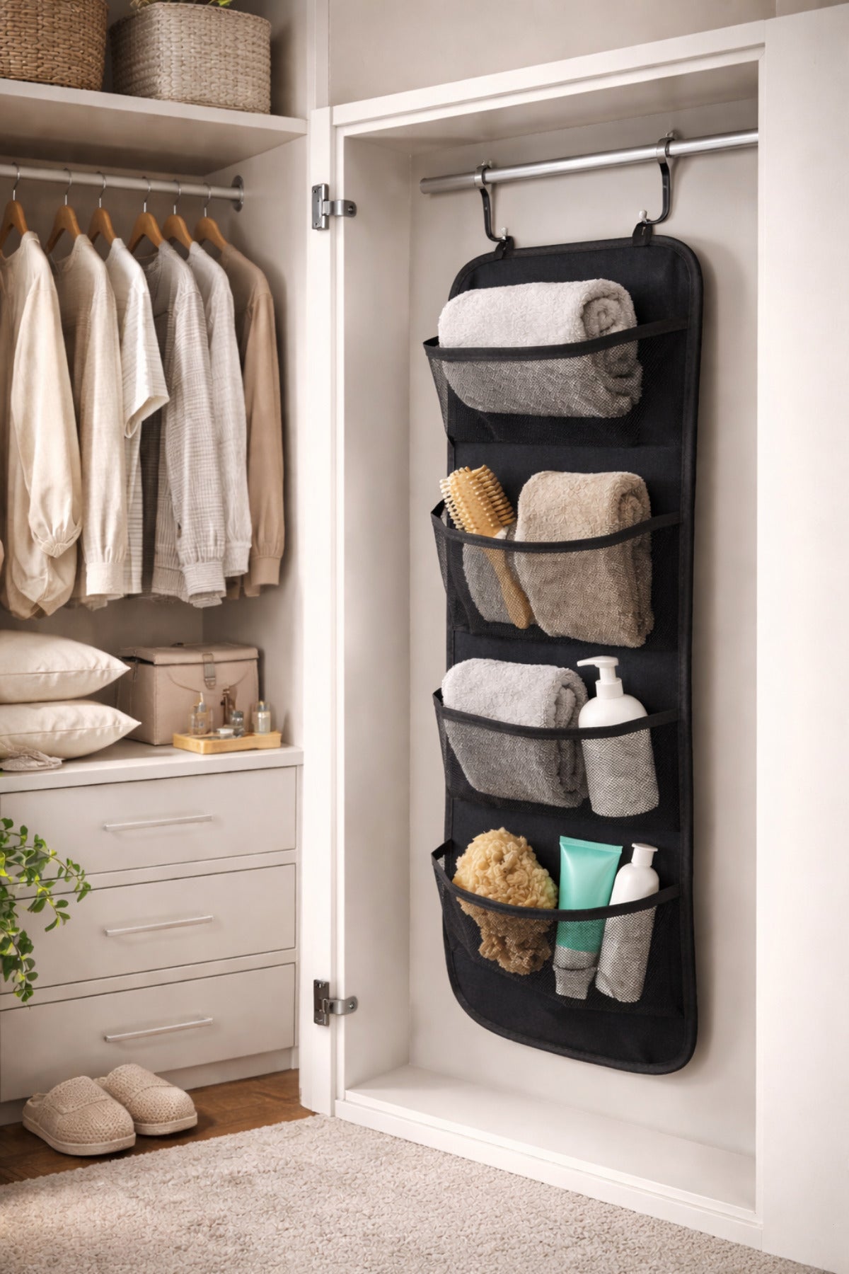 Siyah Kapı Arkası Organizer Hurç 4 Cepli Asılabilir Dolap İçi Düzenleyici 32x102 cm